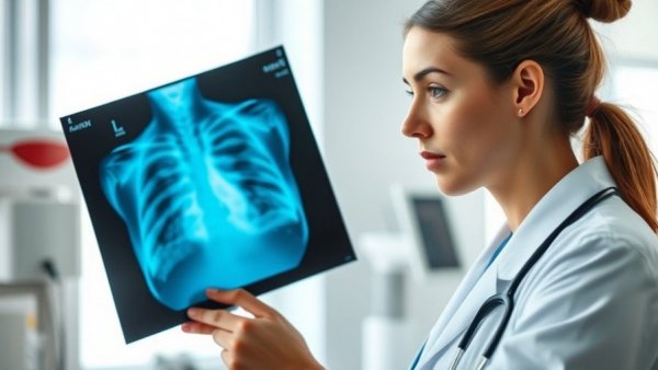 Doctor analyzing lung X-ray for lung cancer detection innovations.