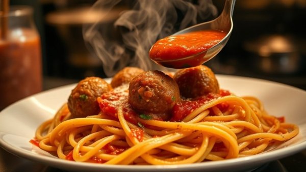 Serving spaghetti and meatballs in Little Italy neighborhoods, rich tomato sauce.