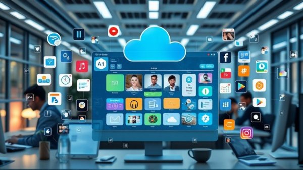 Digital asset management system interface concept with media icons.