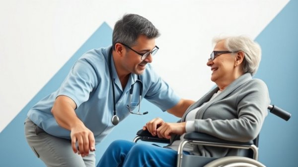 Caring interaction as caregiver assists elderly woman, emphasizing self-care for caregivers.