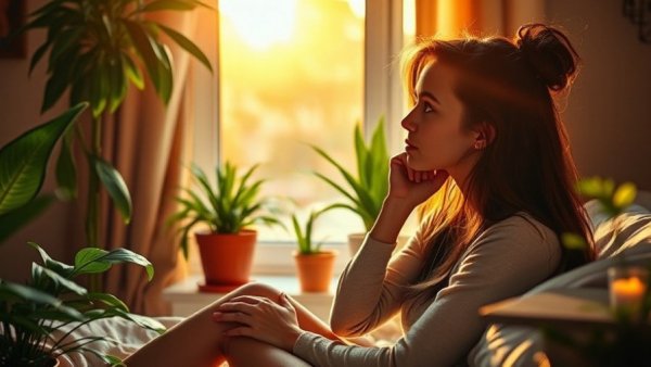 Young woman reflecting by window with plants; cost of being the easy one.
