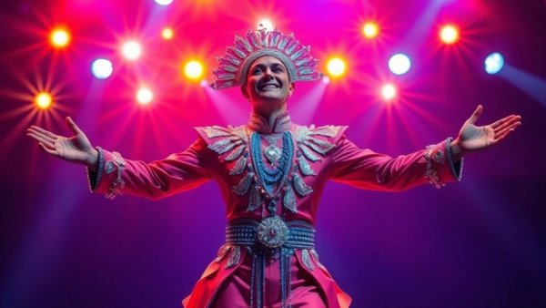 Colorful stage performance with vibrant lights and ornate outfit.