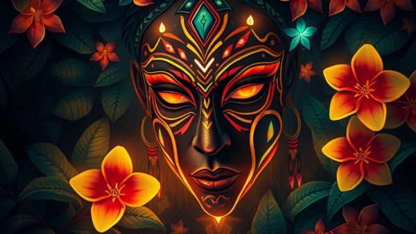 Tribal art face with flora at wellness retreat in Costa Rica