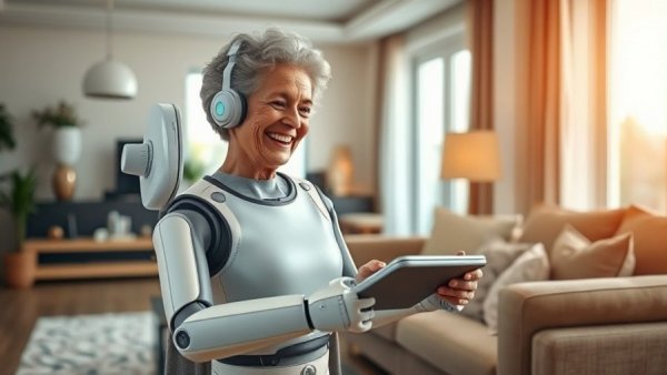 Elderly woman interacting with a robotic assistant in a modern living room, illustrating senior care delivery innovations.
