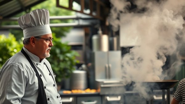 Noma chef René Redzepi steps down in outdoor kitchen setting.