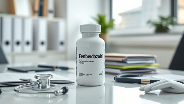 Fenbendazole bottle on desk signifies repurposed antiparasitic drugs in cancer research.