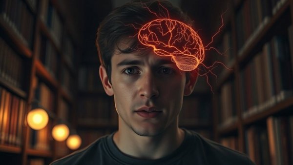 Young man experiencing cognitive strain; brain visualization.
