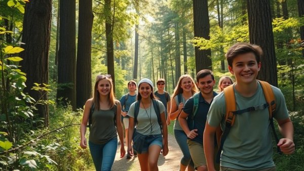 Teenagers hiking in forest at summer camp promoting healthy habits