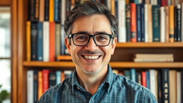 Smiling man in glasses standing confidently by a bookshelf, medical practices topic.