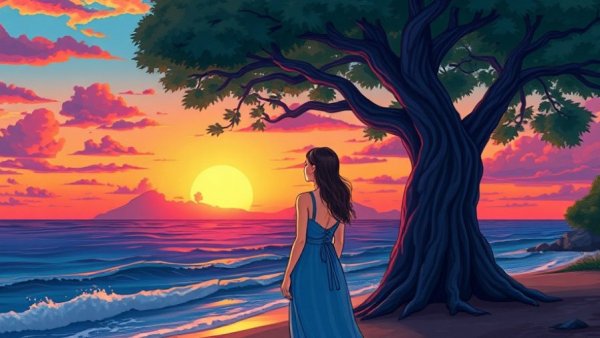 Serene woman under tree at sunset, digital nomad mental health theme