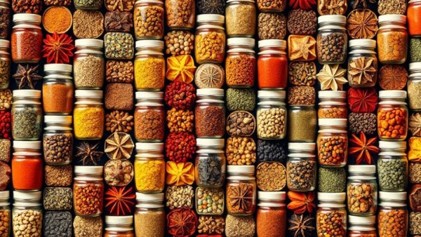 Colorful spice collage with jar silhouettes
