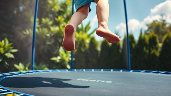 Child jumping on backyard trampoline, greenery background.
