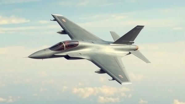US fighter jet in flight against blue sky background.