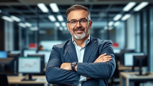 Confident man in office setting explores dyslexia and leadership challenges.