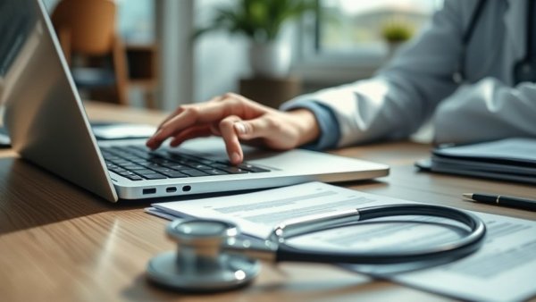 Medical professional using laptop with stethoscope and documents