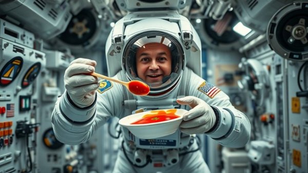 Astronaut holding food with hot sauce in space station, Artemis II.