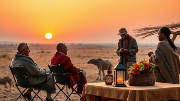 Kenyan safari lodge guests enjoy sunset with local guide.