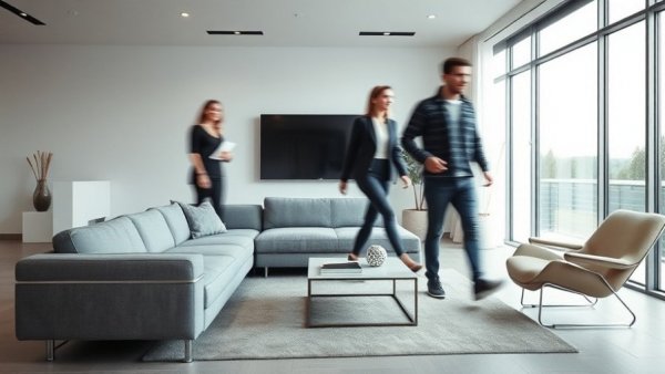 Modern minimalist living room with people walking, creating a luxury look in your home on a budget.