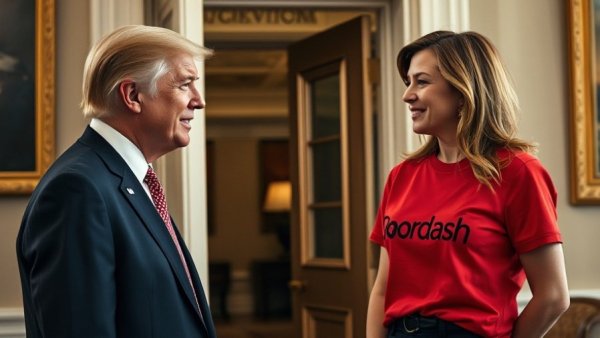 Trump DoorDashed McDonald's to the White House scene at Oval Office entrance.