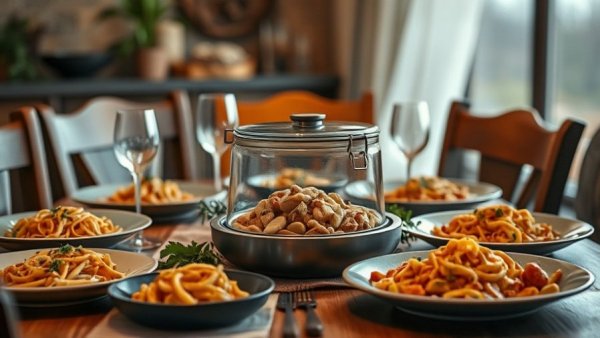 Prego Connection Keeper on dining table with spaghetti.