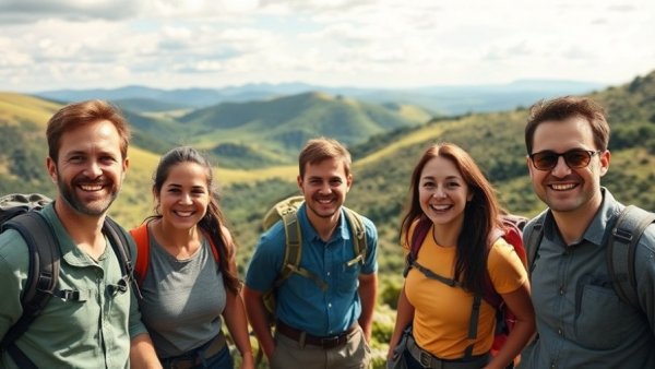 Group of hikers with smiles, enjoying a day hike, lush landscape in background