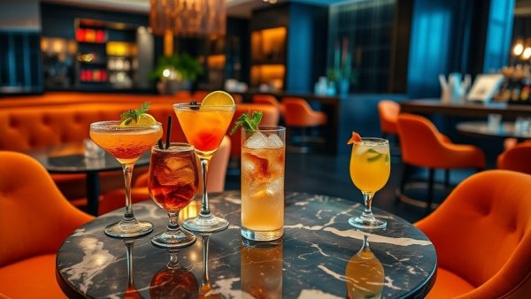 Elegant cocktails on marble in hotel lounge, perfect for food lovers in Houston.
