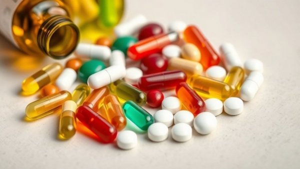 Different dietary supplements neatly arranged on a reflective surface.