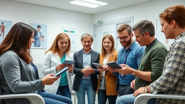 Group in clinic waiting room with a doctor, focusing on reviews.