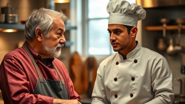 Elderly chef engaging young apprentice, warm kitchen setting, Bourdain Biopic Tony.