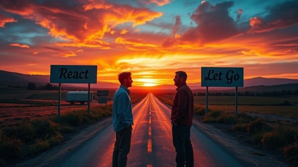 Two men discuss anger management at a crossroads.