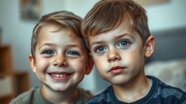 Fostering Individuality in Twins: Smiling boy and thoughtful sibling.