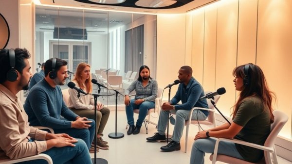Diverse group discusses in a modern podcast studio.