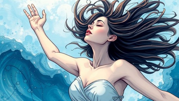 Artistic woman with flowing hair expressing liberation, abstract.
