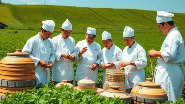 Korean chefs in farm setting with fermentation jars
