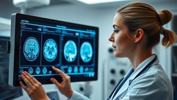 Healthcare professional analyzing brain scans in a modern hospital.