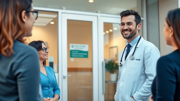 Smiling dentist at clinic entrance engaging with patients, highlighting dental SEO techniques.