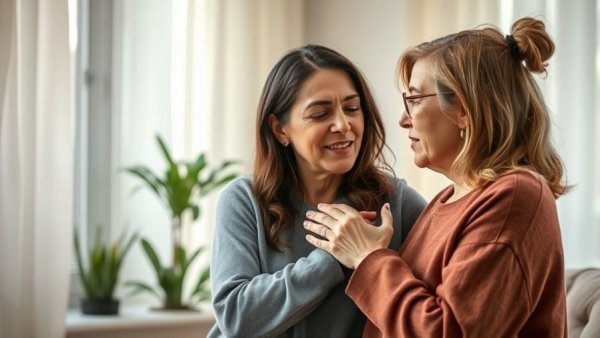 Emotional support scene between two women in a caring setting.