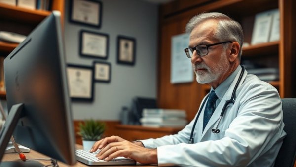 Middle-aged doctor typing at desk, encapsulating the realities of being your own boss in medicine.