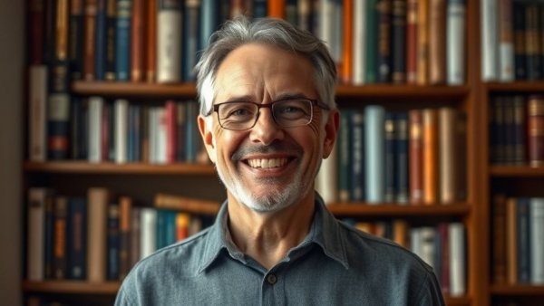 Middle-aged individual smiling in front of a bookshelf.