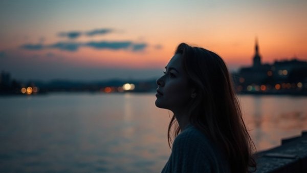 A woman reflects under a starry sky, evoking grief and digital nomad life.