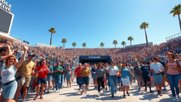 Fans gather at a bustling stadium entrance under clear skies.