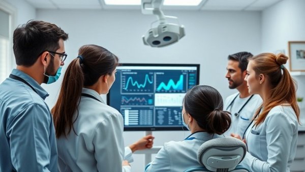Dentists discussing digital marketing strategies using charts in a dental office.