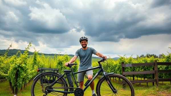 Casual cyclist with bikes on Yountville Bike Tour in Napa Valley.