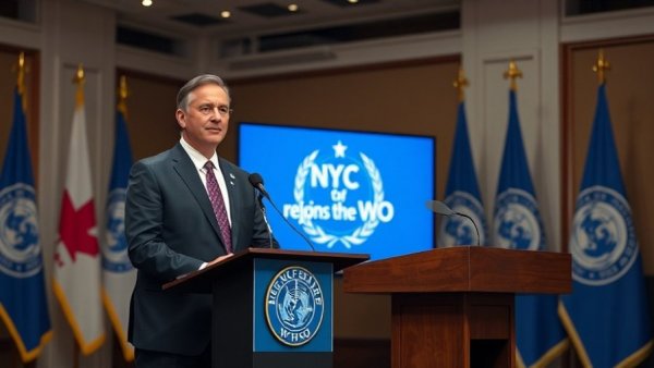 NYC rejoined WHO announcement with speaker at podium and flags.