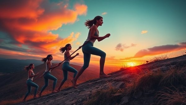 Symbolic scene of a woman overcoming self-sabotage, climbing a hill.