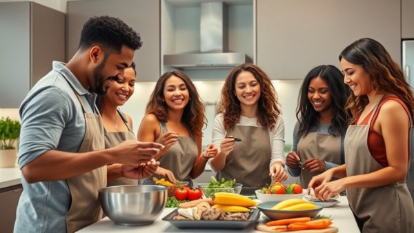 Diverse group cooking healthy meal together in modern kitchen, reducing risk of multimorbidity.