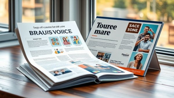 Cohesive branding in marketing materials and ads, showcasing brand voice.