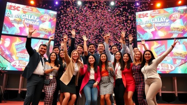 Team celebrating brand personality in medical marketing on stage.