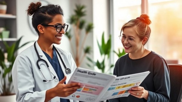 Healthcare professional discussing health guide with patient in modern office.