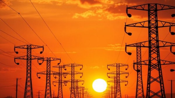 Silhouetted power lines under a vibrant sunset during heat wave.